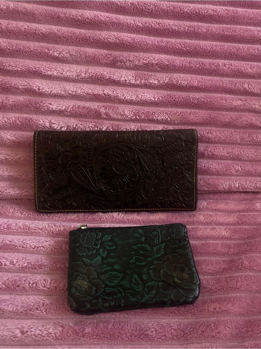 Hand-Tooled Leather Wallet and Coin Pouch - Dark Brown